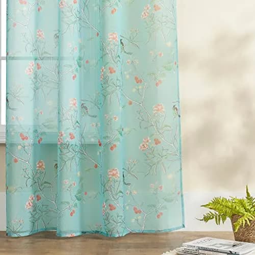 XTMYI Turquoise Blue Eclectic Boho Sheer Curtains Botanical Pattern 244cm (96 Inch) Long 2 Panel Set | Light-Filtering Global Artistic Bohemian Breezy Window Panels thumbnail 5