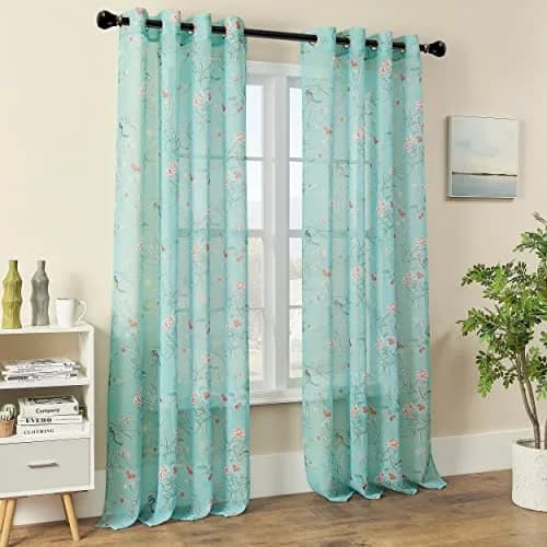 XTMYI Turquoise Blue Eclectic Boho Sheer Curtains Botanical Pattern 244cm (96 Inch) Long 2 Panel Set | Light-Filtering Global Artistic Bohemian Breezy Window Panels thumbnail 8