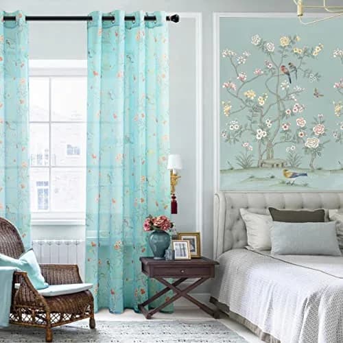 XTMYI Turquoise Blue Eclectic Boho Sheer Curtains Botanical Pattern 244cm (96 Inch) Long 2 Panel Set | Light-Filtering Global Artistic Bohemian Breezy Window Panels thumbnail 3