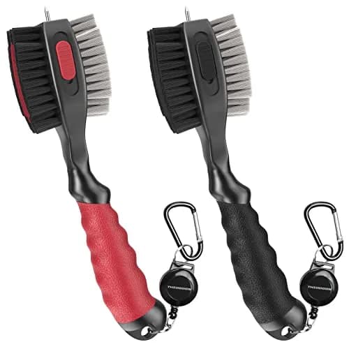 THIODOON 2 Pack Golf Club Brush and Groove Cleaner with Magnetic Keychain | Oversized Brush Head & Retractable Spike (2pcs Black Red) thumbnail 1