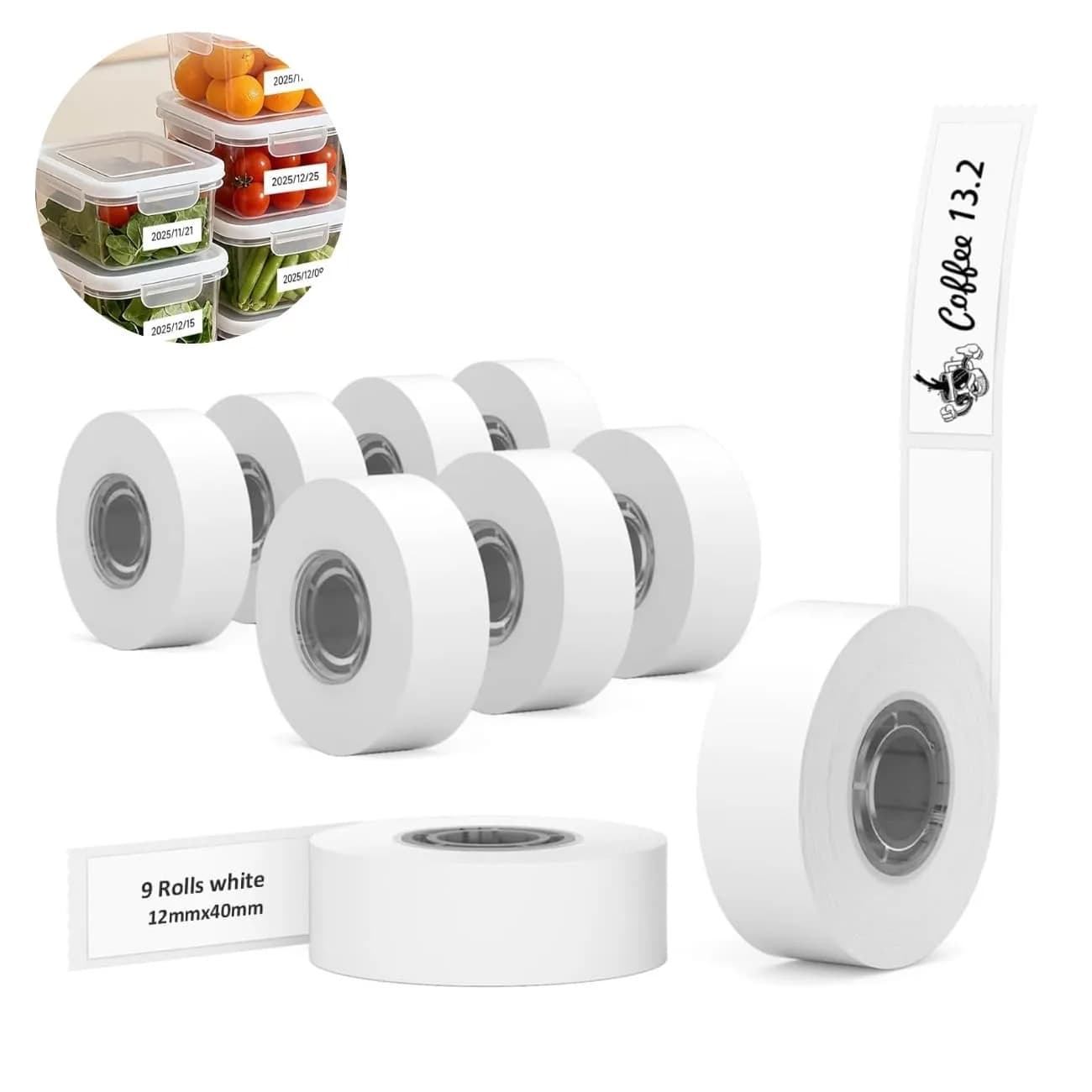 Phomemo D30 Labels Thermal Freezer Labels 12x40mm | Water-Resistant, Easy Removal, 9 Rolls — White