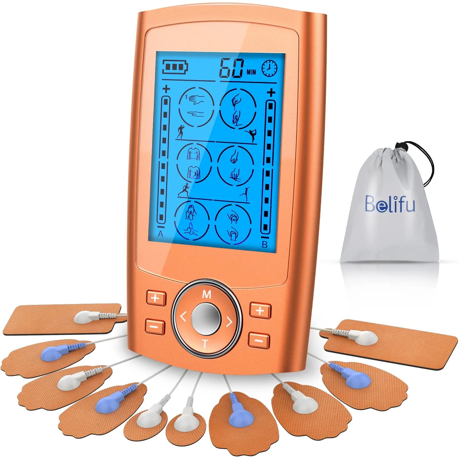 Belifu Dual Channel TENS EMS Unit 24 Modes Muscle Stimulator with 10 Pads | Pain Relief Therapy — Orange