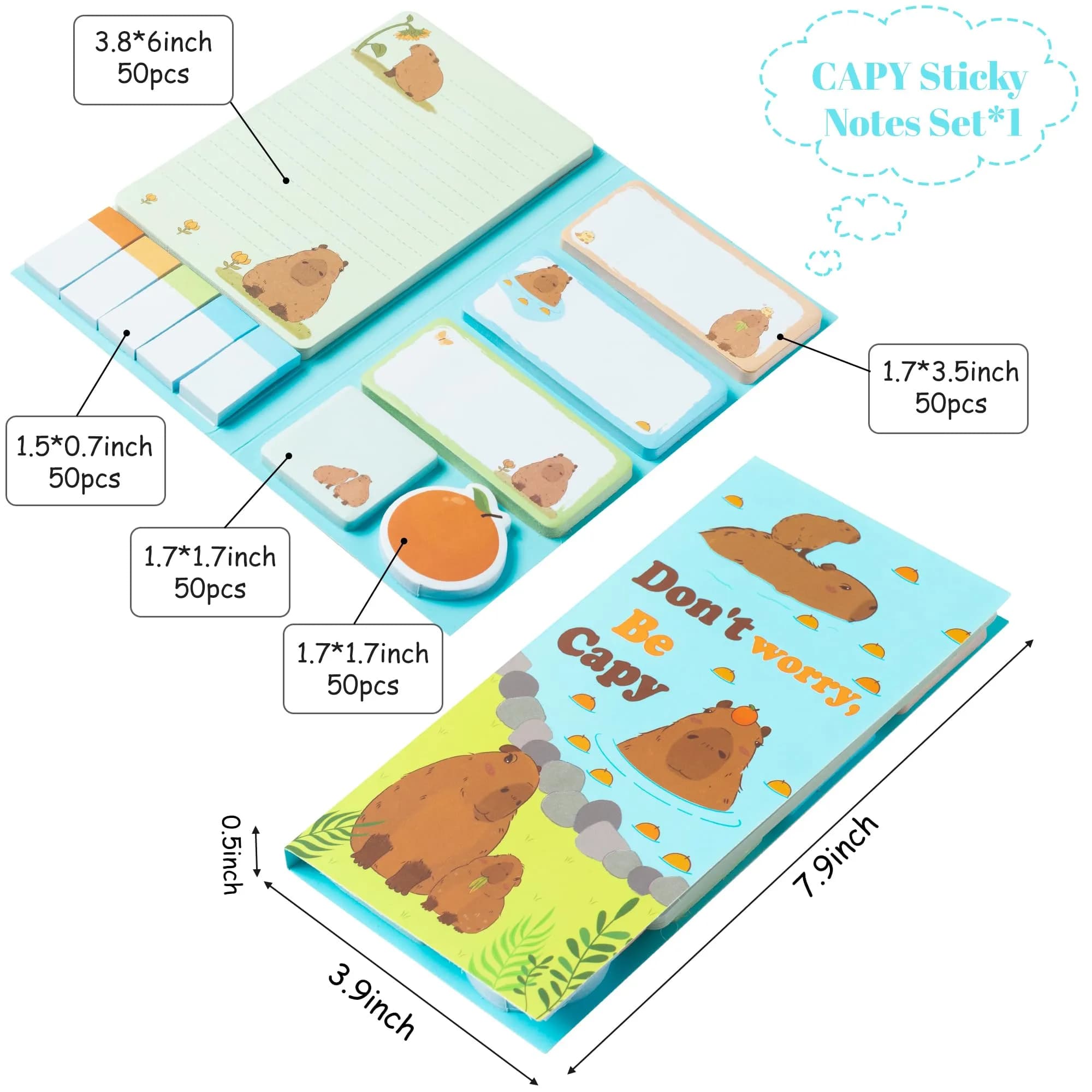 Xqumoi Don't Worry Be Capy Sticky Notes Set (550 Sheets) | Cute Capybara Themed Gift for Students & Office - view 2