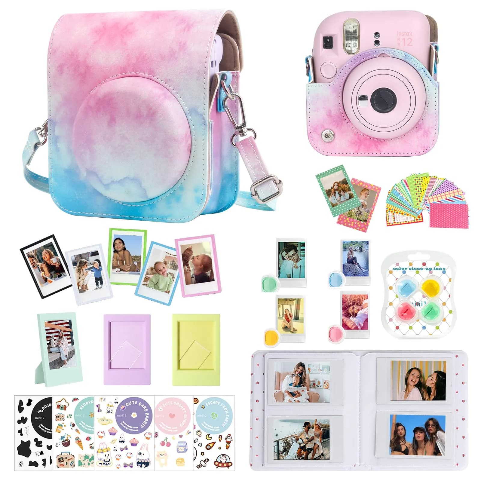 CAIYOULE Mint Green Camera Accessory Kit for Fujifilm Instax Mini 12 | PU Leather Case, Photo Album, Magnetic Frames, Filters — Blue Pink Watercolor