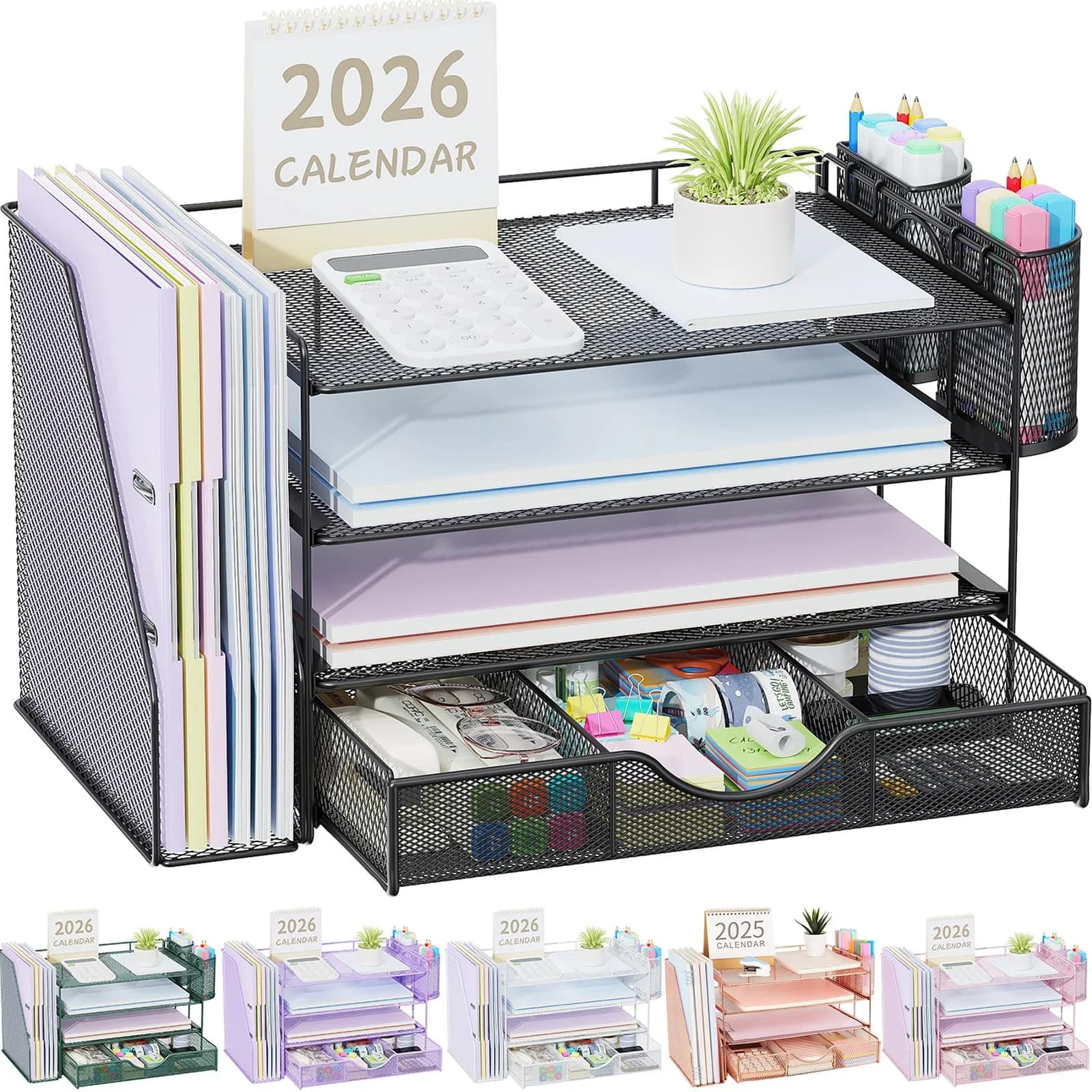 gianotter 4-Tier Desk Organizer with Drawers & File Holders, Workspace Accessories for Office Supplies (Green) — Black