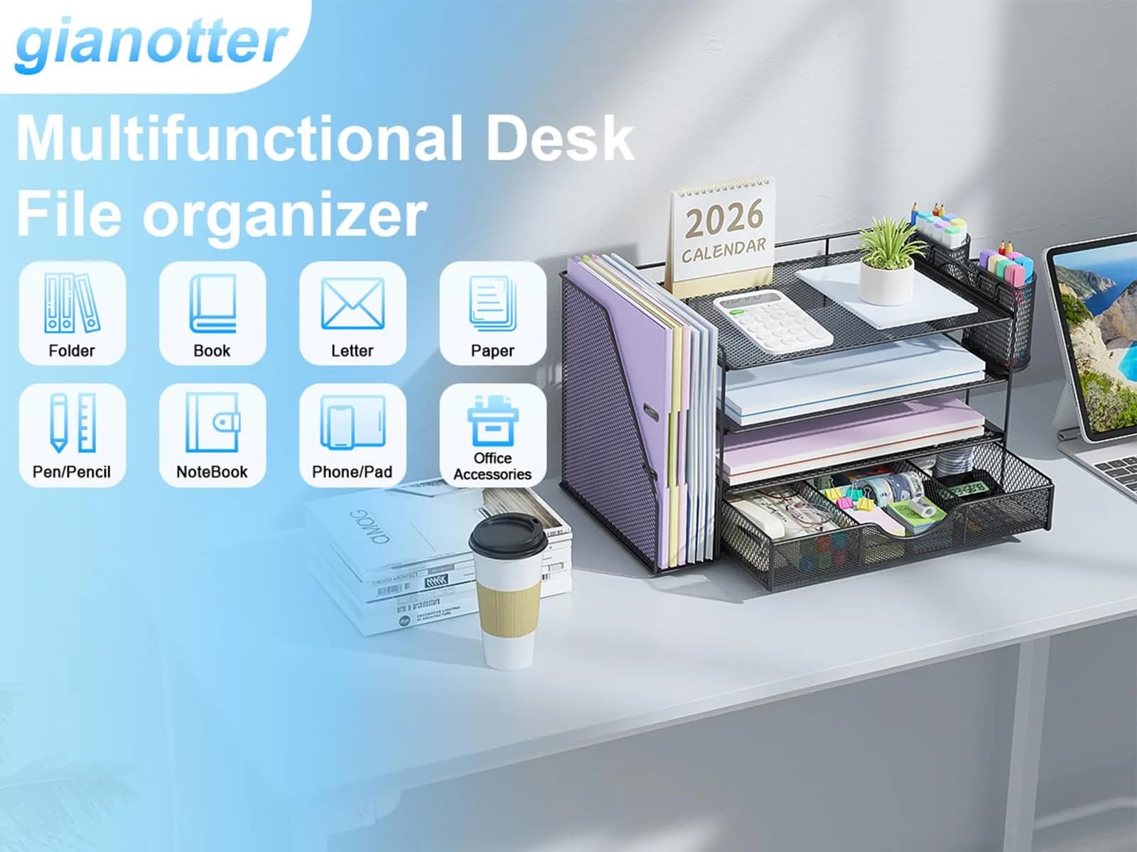 gianotter 4-Tier Desk Organizer with Drawers & File Holders - Black | Workspace Accessories for Office Supplies - view 4