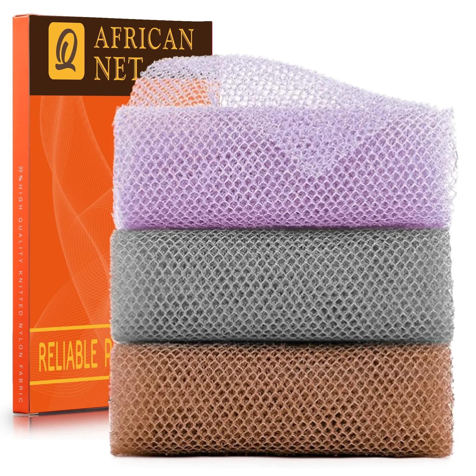 UJFQBH African Net Sponge 3 Pack - Purple, Gray & Brown | Deep Cleansing & Gentle Exfoliation - main product image