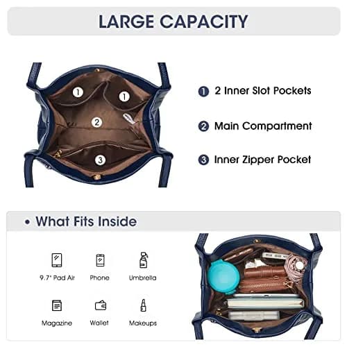 Kattee Women's Soft Genuine Leather Tote Shoulder Bag with Magnetic Snap Closure & Tablet Compartment, 28.5cm (11.2") | Dark Blue thumbnail 4