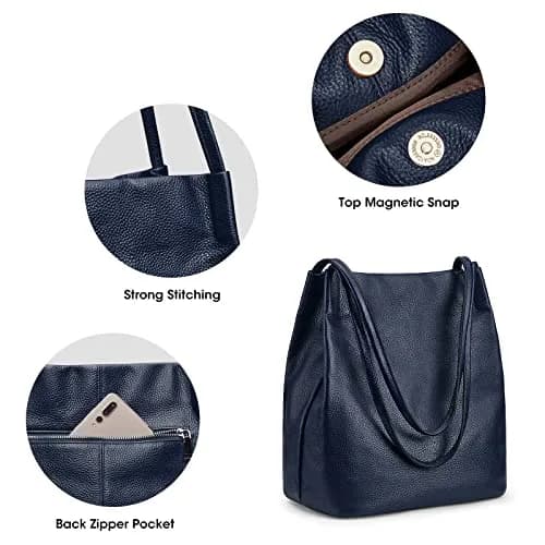 Kattee Women's Soft Genuine Leather Tote Shoulder Bag with Magnetic Snap Closure & Tablet Compartment, 28.5cm (11.2") | Dark Blue thumbnail 5