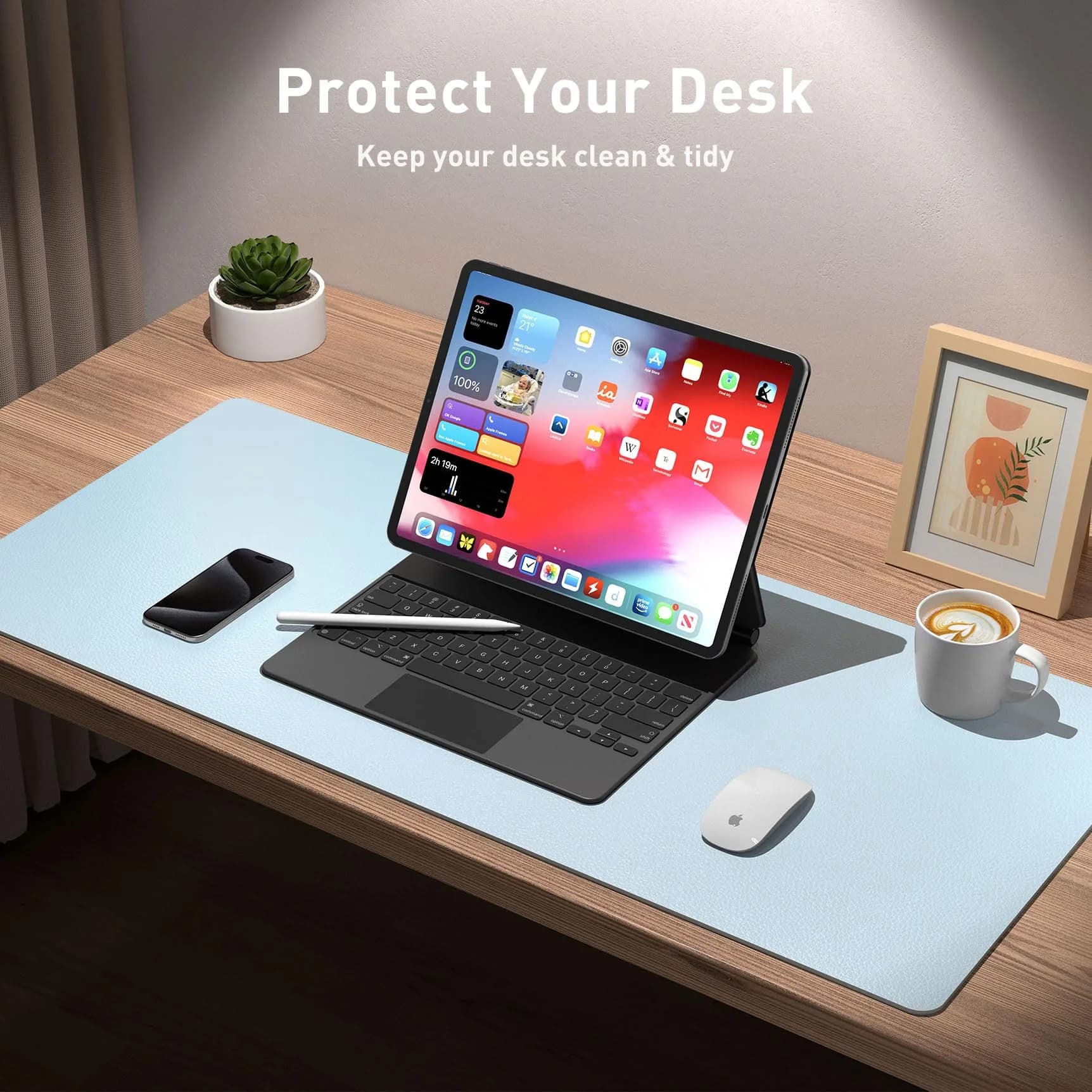 Aothia Baby Blue PU Leather Desk Pad Protector 59.9cm x 34.8cm (23.6" x 13.7") | Protects Desks with Non-Slip Grip - view 3