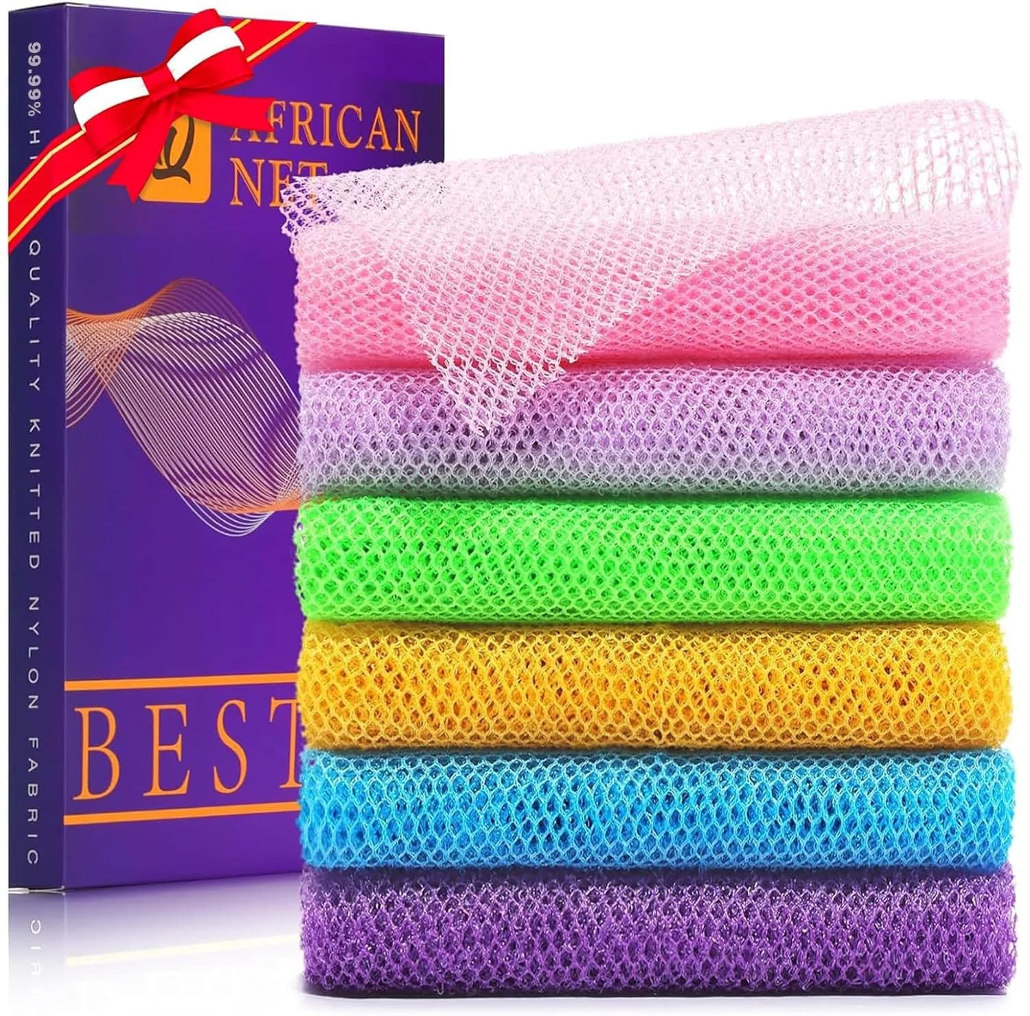 UJFQBH African Net Sponge 6 Pack (Purple, Pink, Orange, Blue, Green) | Deep Cleansing & Gentle Exfoliation - main product image
