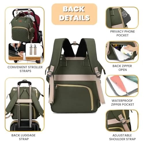 ROSEGIN Diaper Bag Backpack with Changing Pad, Pacifier Case, Baby Bag for Boy Girl Toddler - Large, Stylish, Waterproof Travel Quilted Diaper Bag for Mom - Army Green (35L) thumbnail 4