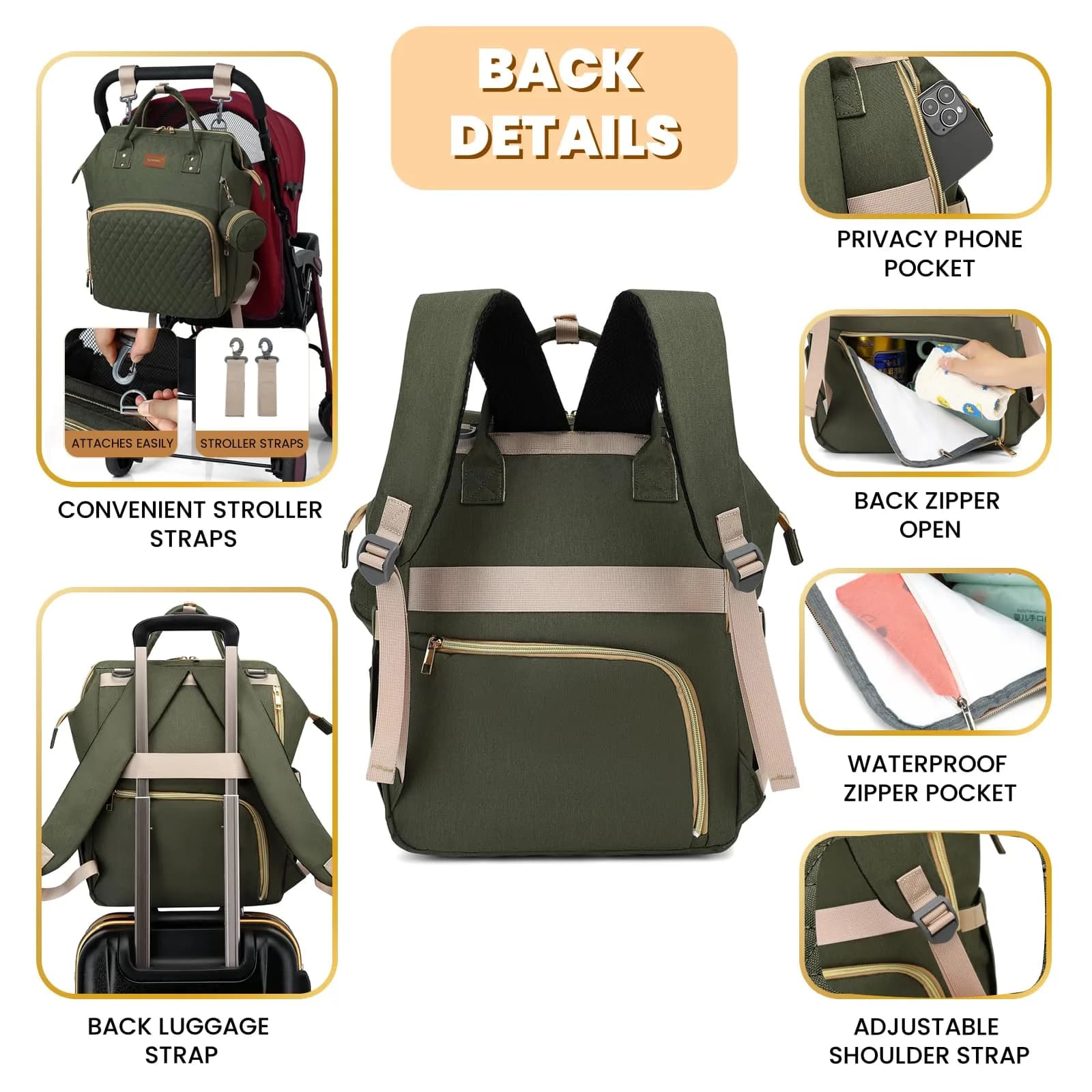 ROSEGIN Diaper Bag Backpack with Changing Pad, Pacifier Case, Baby Bag for Boy Girl Toddler - Large, Stylish, Waterproof Travel Quilted Diaper Bag for Mom - Army Green (35L) - view 4