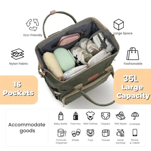ROSEGIN Diaper Bag Backpack with Changing Pad, Pacifier Case, Baby Bag for Boy Girl Toddler - Large, Stylish, Waterproof Travel Quilted Diaper Bag for Mom - Army Green (35L) thumbnail 2