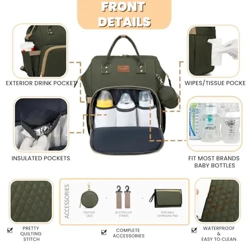 ROSEGIN Diaper Bag Backpack with Changing Pad, Pacifier Case, Baby Bag for Boy Girl Toddler - Large, Stylish, Waterproof Travel Quilted Diaper Bag for Mom - Army Green (35L) thumbnail 3
