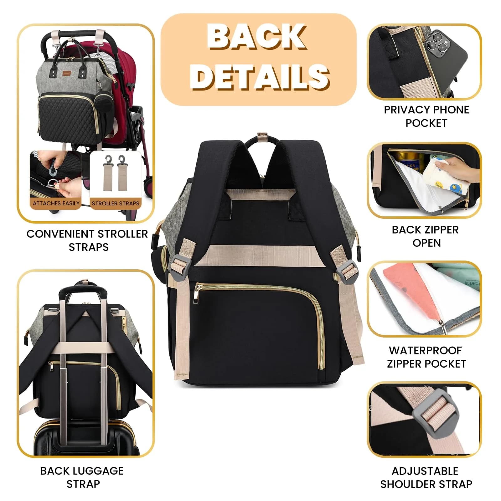 ROSEGIN Large Capacity Diaper Bag Backpack 35L (889g) | Waterproof Travel Quilted Bag with Changing Pad & Stroller Straps - view 4