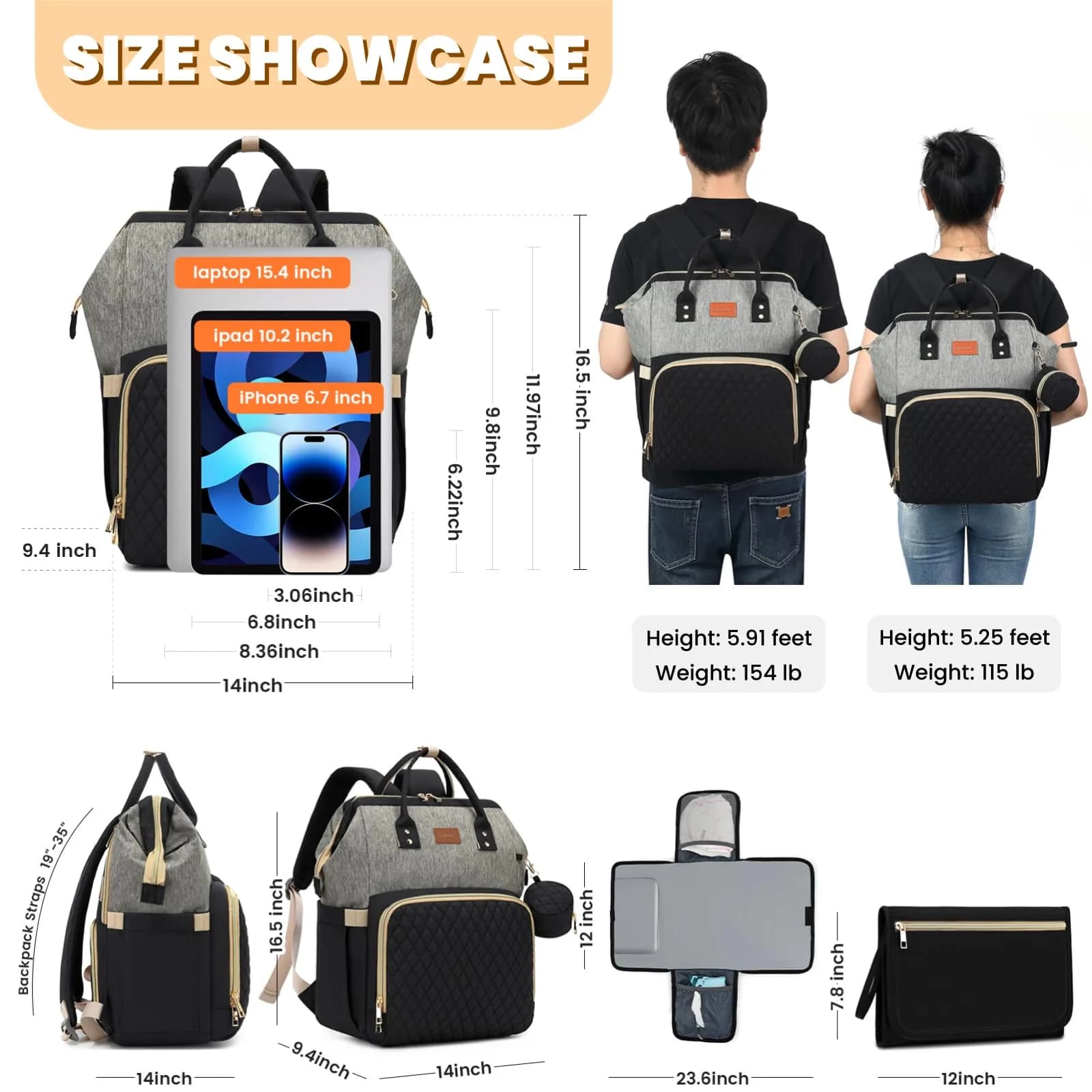 ROSEGIN Large Capacity Diaper Bag Backpack 35L (889g) | Waterproof Travel Quilted Bag with Changing Pad & Stroller Straps - view 6