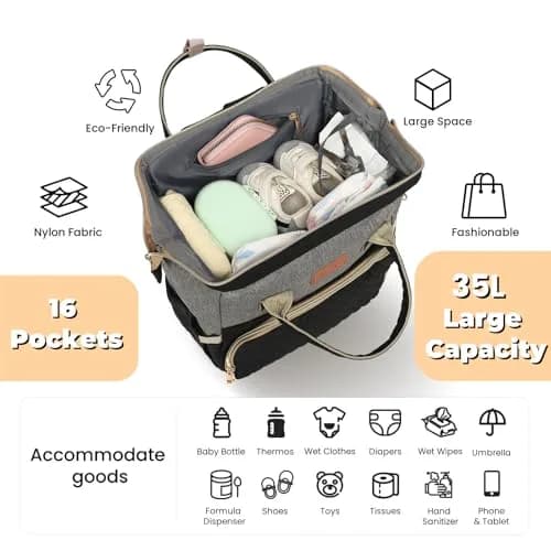 ROSEGIN Large Capacity Diaper Bag Backpack 35L (889g) | Waterproof Travel Quilted Bag with Changing Pad & Stroller Straps thumbnail 2