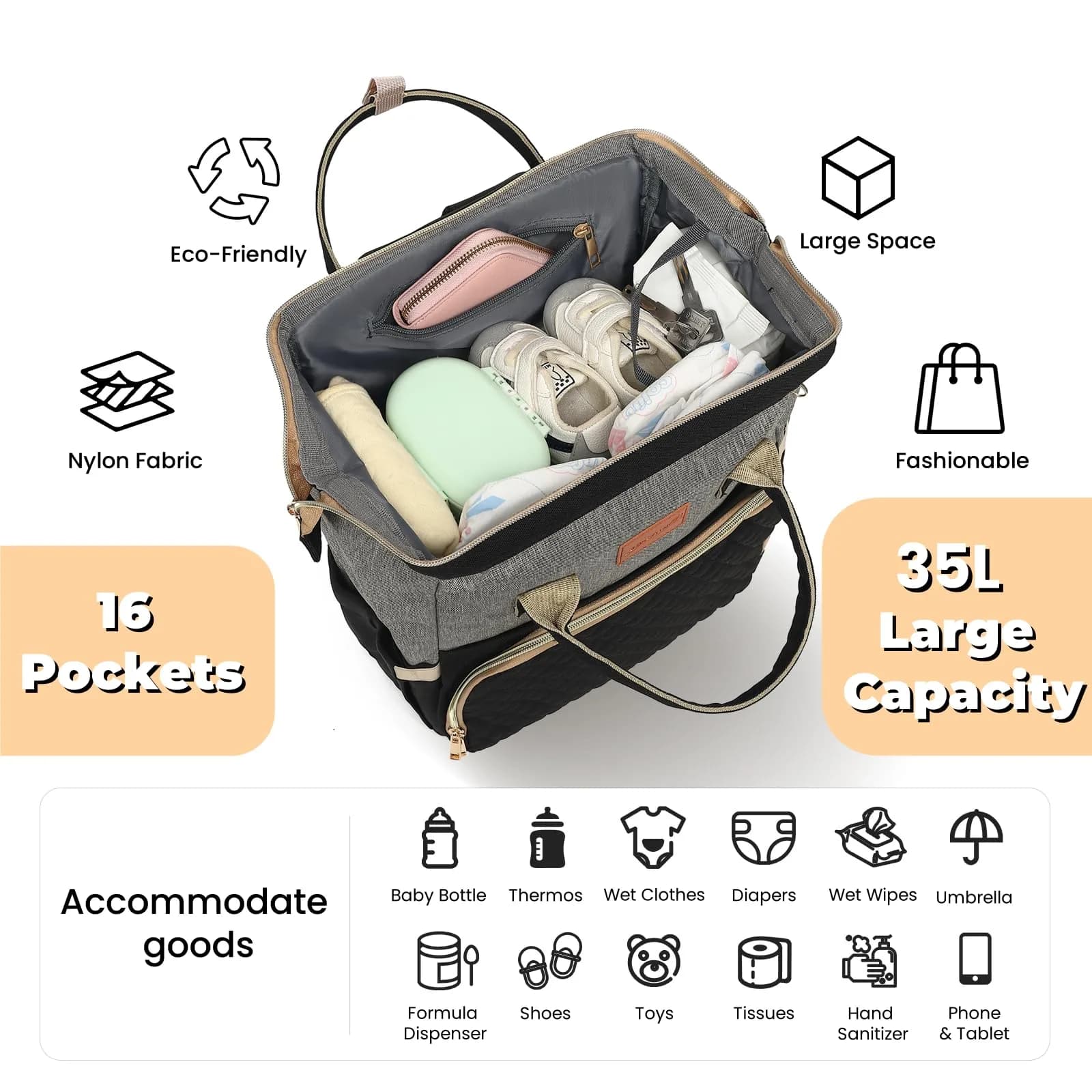 ROSEGIN Large Capacity Diaper Bag Backpack 35L (889g) | Waterproof Travel Quilted Bag with Changing Pad & Stroller Straps - view 2
