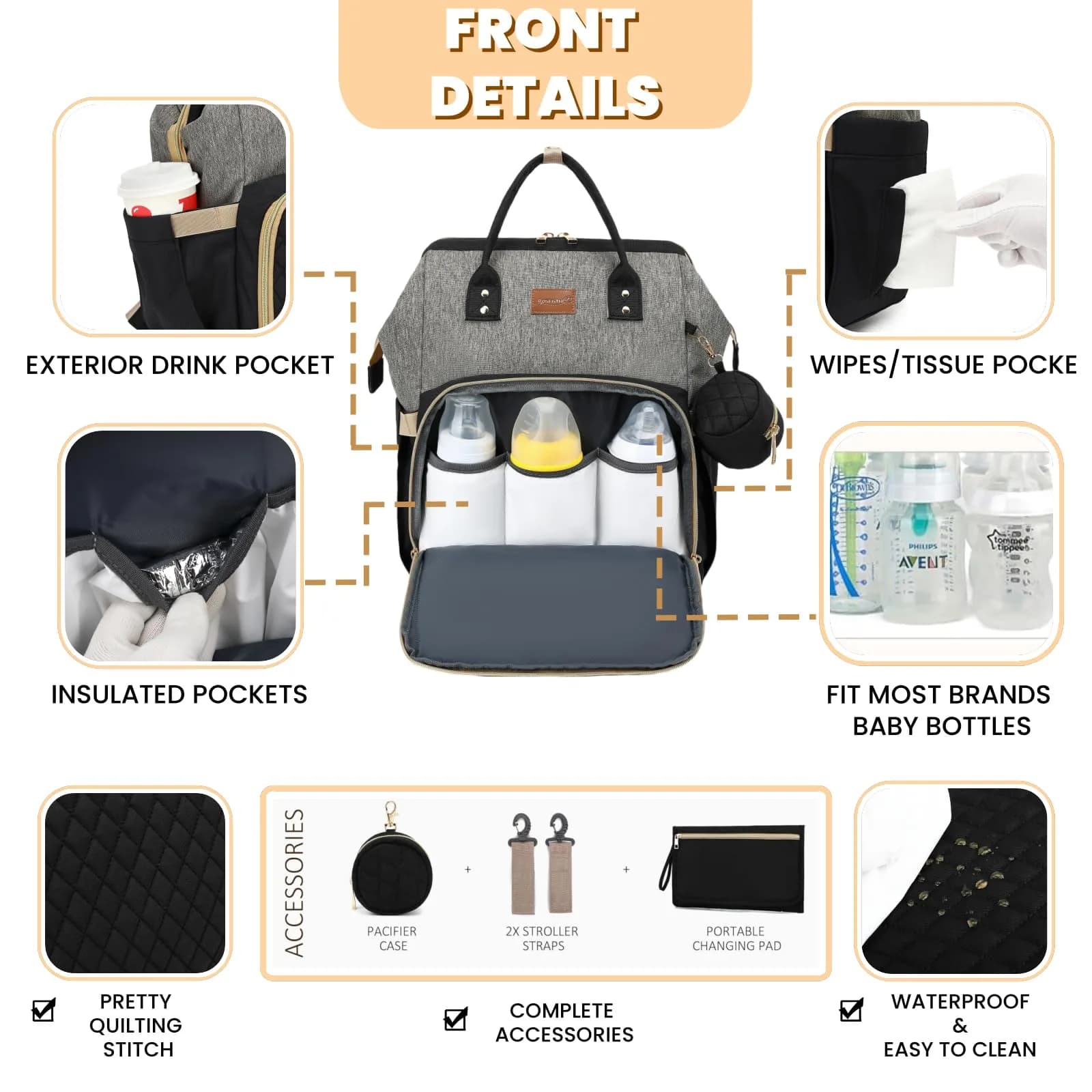 ROSEGIN Large Capacity Diaper Bag Backpack 35L (889g) | Waterproof Travel Quilted Bag with Changing Pad & Stroller Straps - view 3
