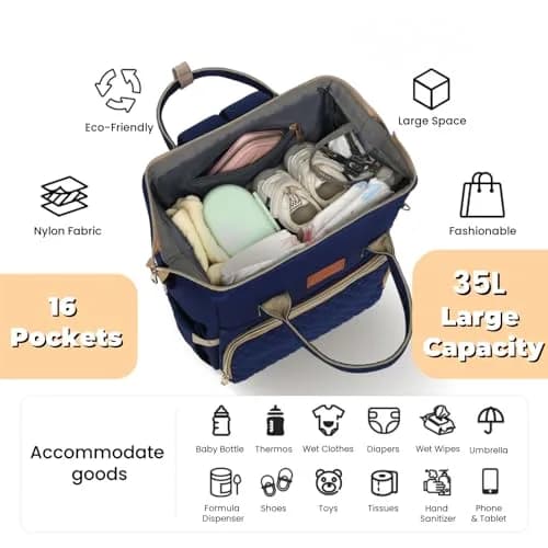 ROSEGIN Diaper Bag Backpack with Changing Pad & Pacifier Case - 35L Large, Waterproof, Navy Blue | Unisex Travel Baby Bag thumbnail 2