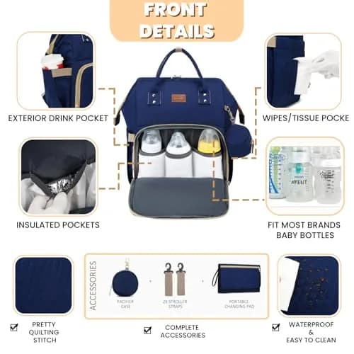 ROSEGIN Diaper Bag Backpack with Changing Pad & Pacifier Case - 35L Large, Waterproof, Navy Blue | Unisex Travel Baby Bag thumbnail 3