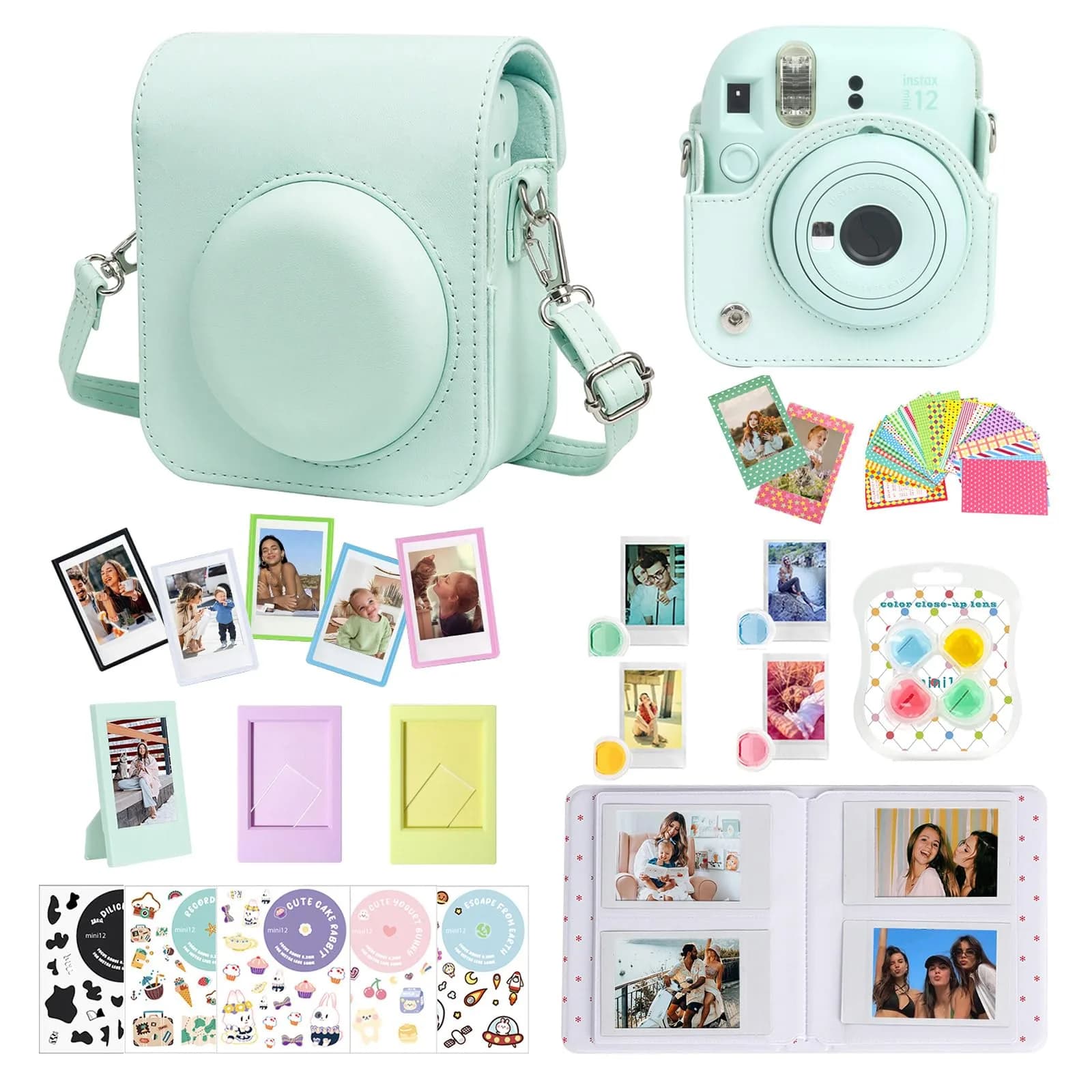 CAIYOULE Mint Green Camera Accessory Kit for Fujifilm Instax Mini 12 | PU Leather Case, Photo Album, Magnetic Frames, Filters — Mint Green