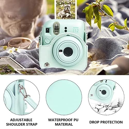 CAIYOULE Mint Green Camera Accessory Kit for Fujifilm Instax Mini 12 | PU Leather Case, Photo Album, Magnetic Frames, Filters thumbnail 3
