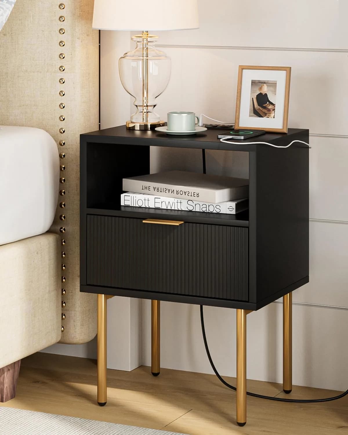 Masupu Nightstand with Charging Station | Modern Bedside Table with Storage Drawer & Wood Shelf (Black)