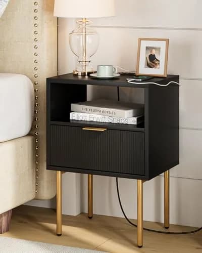Masupu Nightstand with Charging Station | Modern Bedside Table with Storage Drawer & Wood Shelf (Black) thumbnail 1