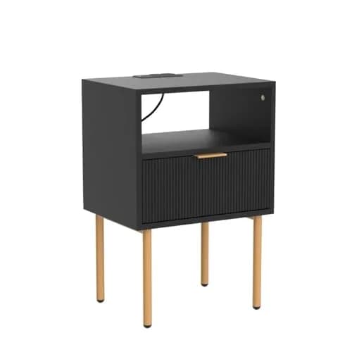 Masupu Nightstand with Charging Station | Modern Bedside Table with Storage Drawer & Wood Shelf (Black) thumbnail 4