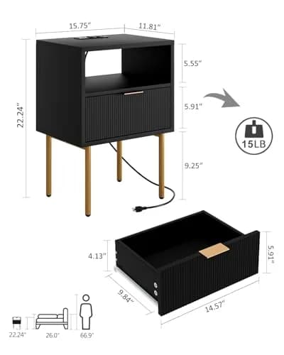 Masupu Nightstand with Charging Station | Modern Bedside Table with Storage Drawer & Wood Shelf (Black) thumbnail 5