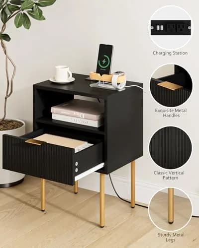 Masupu Nightstand with Charging Station | Modern Bedside Table with Storage Drawer & Wood Shelf (Black) thumbnail 6