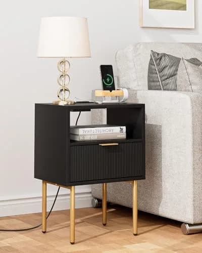 Masupu Nightstand with Charging Station | Modern Bedside Table with Storage Drawer & Wood Shelf (Black) thumbnail 8