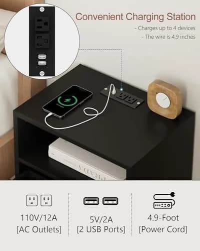 Masupu Nightstand with Charging Station | Modern Bedside Table with Storage Drawer & Wood Shelf (Black) thumbnail 2