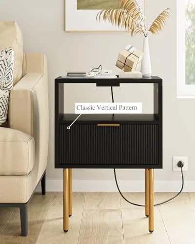 Masupu Nightstand with Charging Station | Modern Bedside Table with Storage Drawer & Wood Shelf (Black) thumbnail 3