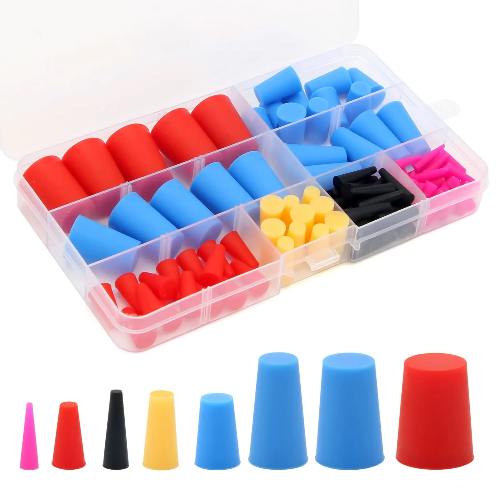 Coldairsoap 110PCS Silicone Rubber Tapered Plugs Set | High-Temperature Resistant Lab Stoppers for Hole Plugs, Spraying, Coating — Pink, Black, Red, Yellow, Blue