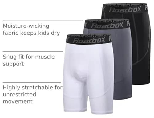 Roadbox Boys Compression Shorts 3 Pack Athletic Quick Dry Kids Underwear | 8-inch inseam, Moisture-Wicking thumbnail 4