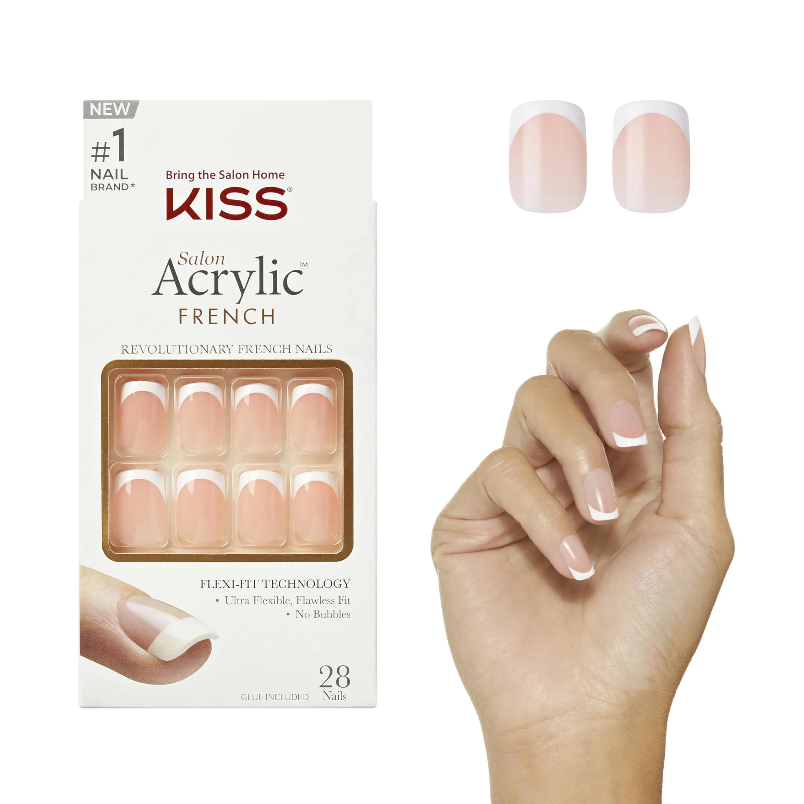 KISS Salon Acrylic Press On Nails 'Bonjour' Short Squoval Shape | 28 Nails, Glue, File Included