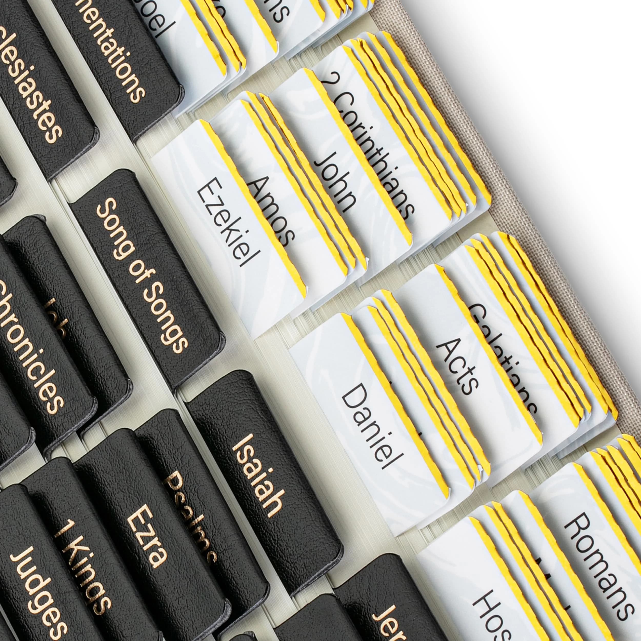 Mr. Pen Bible Tabs, 75 pcs, Warm Mocha, Gold Foil Embossed Lettering, Laminated Bible Tabs for Women and Men | Best Bible Indexing Tabs for Indian Students — Black Leather, White Paper