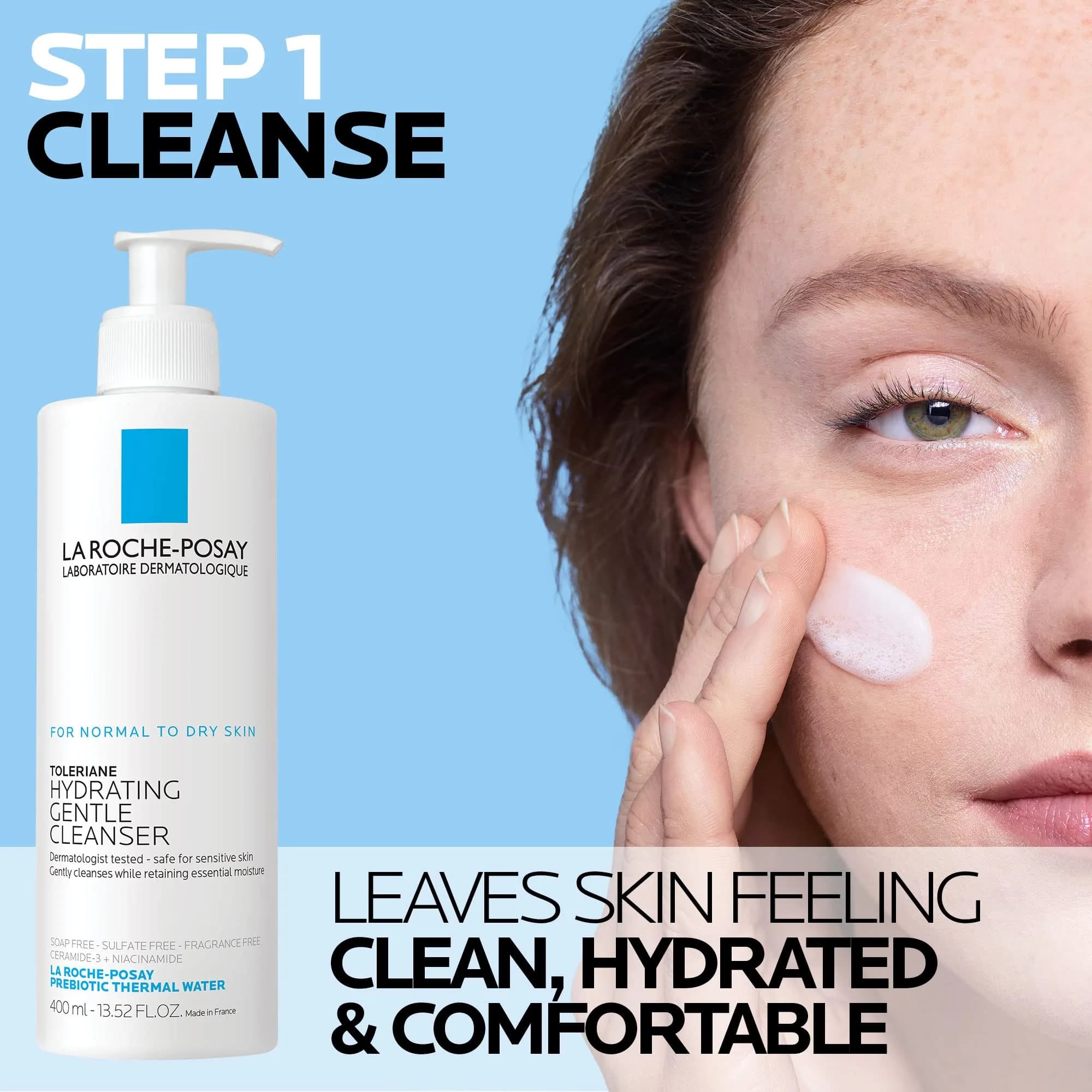 La Roche-Posay Toleriane Hydrating Gentle Cleanser & Double Repair Face Moisturizer Set (400ml + 40ml) | Gentle Cleansing & 48hr Hydration - view 2