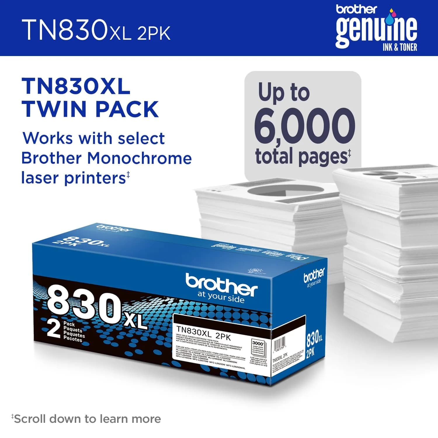 Brother Genuine TN830XL 2PK Black High Yield Toner Cartridge 2-Pack | Prints up to 6,000 Pages Total - view 2