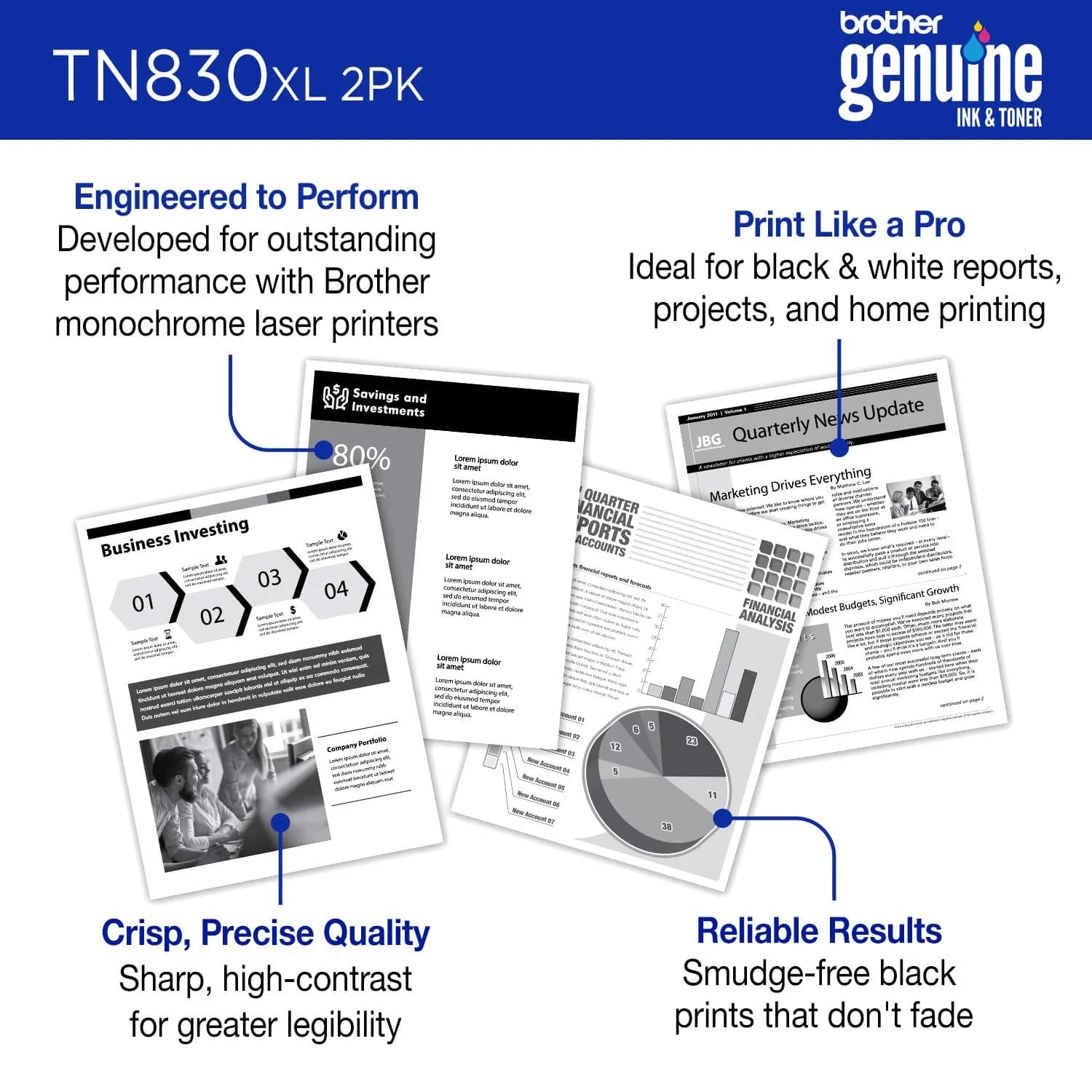 Brother Genuine TN830XL 2PK Black High Yield Toner Cartridge 2-Pack | Prints up to 6,000 Pages Total - view 3