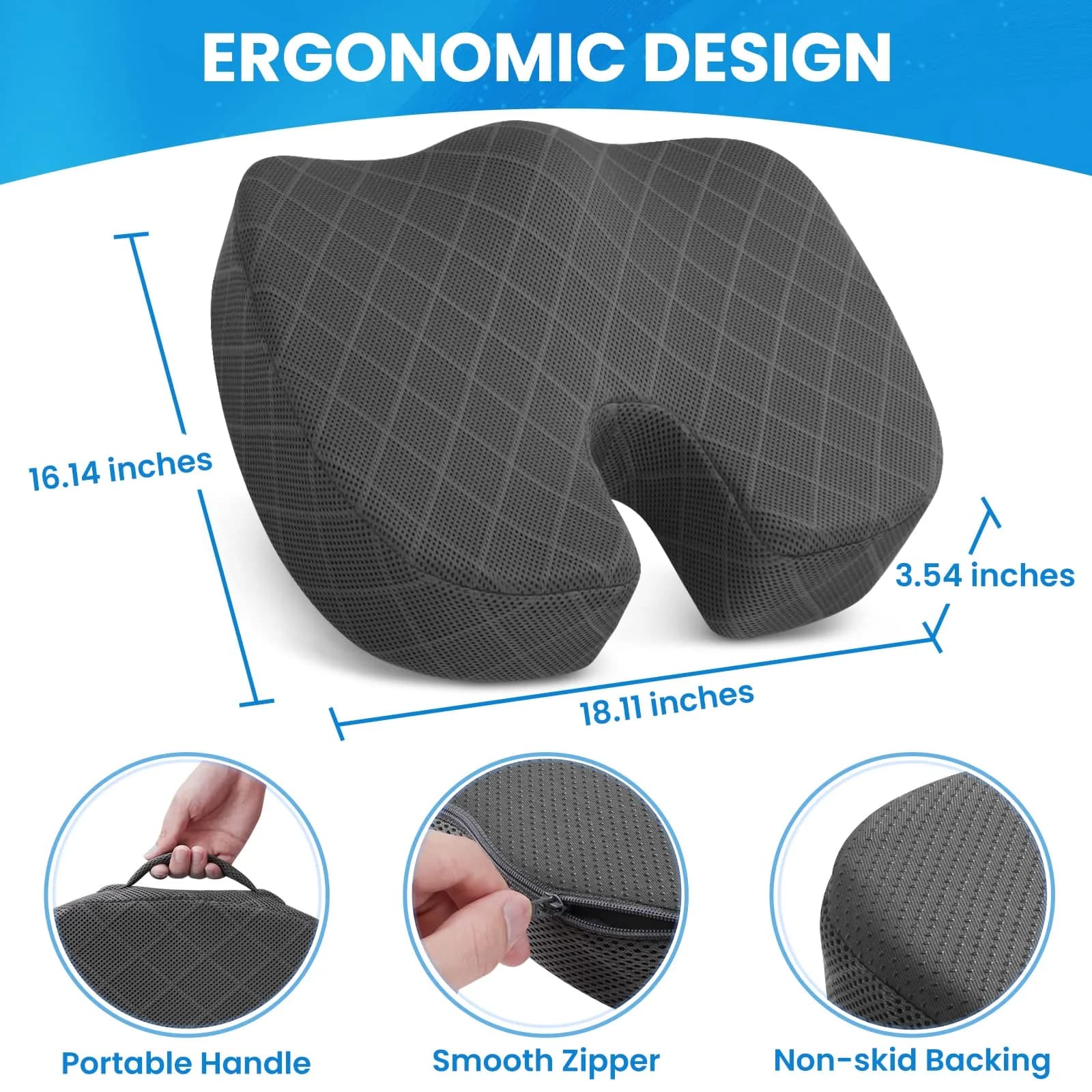 TushGuard Grey X-Large Ergonomic Memory Foam Seat Cushion for Office Chairs - view 2