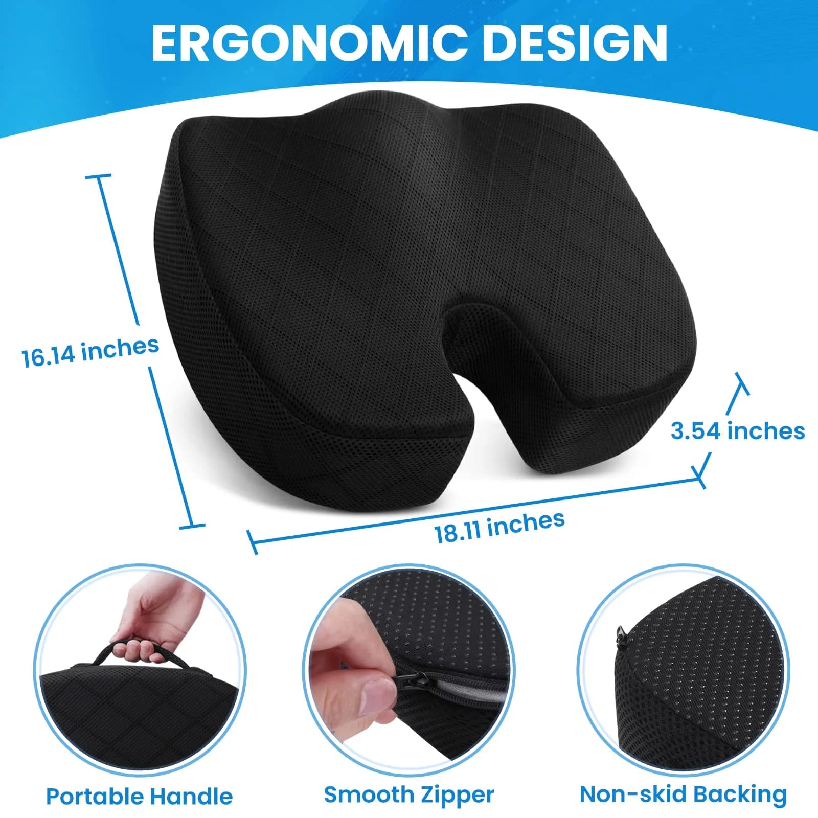 TushGuard Black X-Large Ergonomic Memory Foam Seat Cushion for Office Chairs - view 2