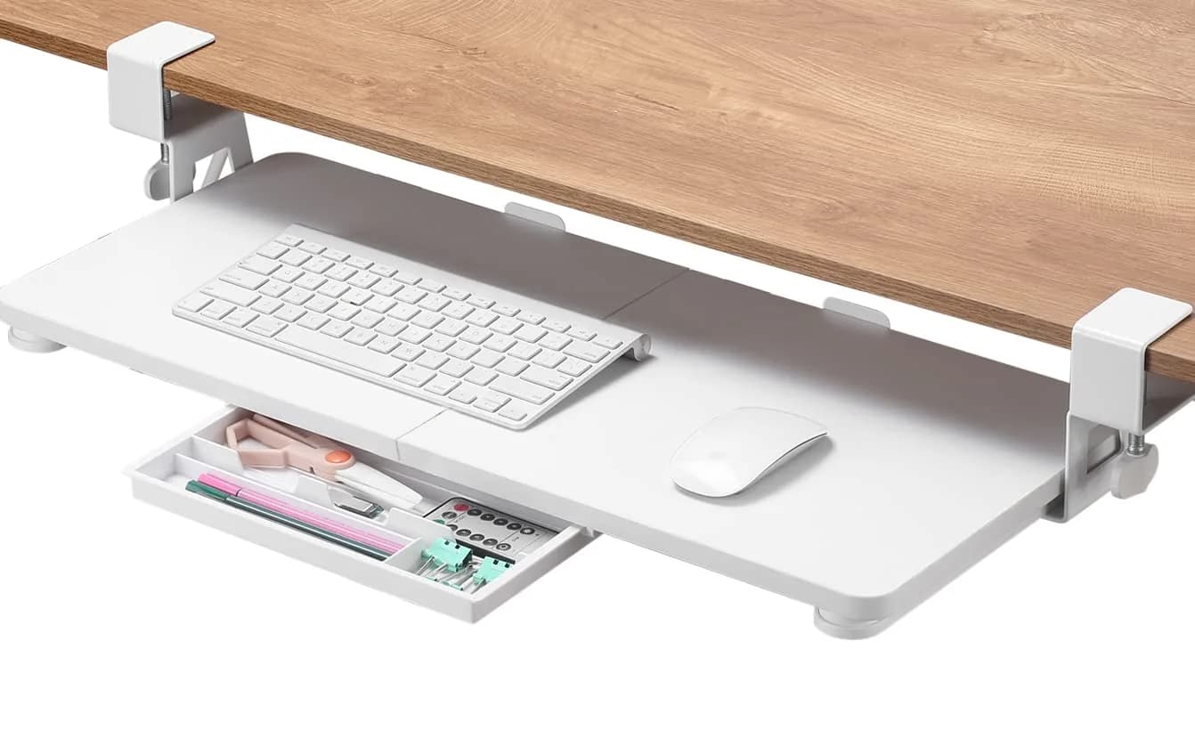 ETHU Under Desk Keyboard Tray with C-Clamp, 68cm (26.77") x 30cm (11.81"), White | Ergonomic Sliding Computer Keyboard Stand for Home and Office — White