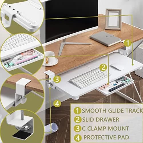 ETHU Under Desk Keyboard Tray with C-Clamp, 68cm (26.77") x 30cm (11.81"), White | Ergonomic Sliding Computer Keyboard Stand for Home and Office thumbnail 4