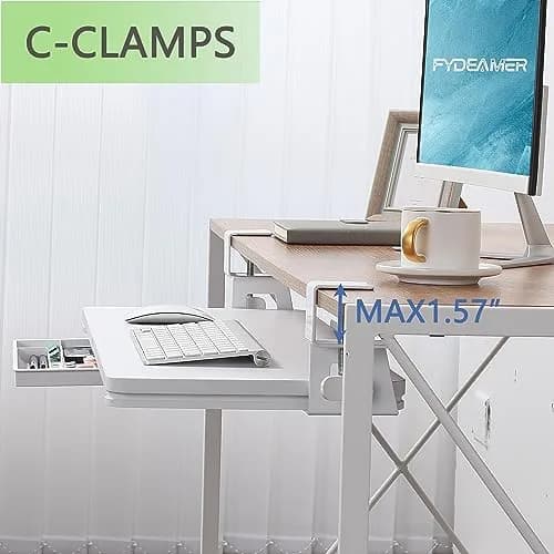 ETHU Under Desk Keyboard Tray with C-Clamp, 68cm (26.77") x 30cm (11.81"), White | Ergonomic Sliding Computer Keyboard Stand for Home and Office thumbnail 6