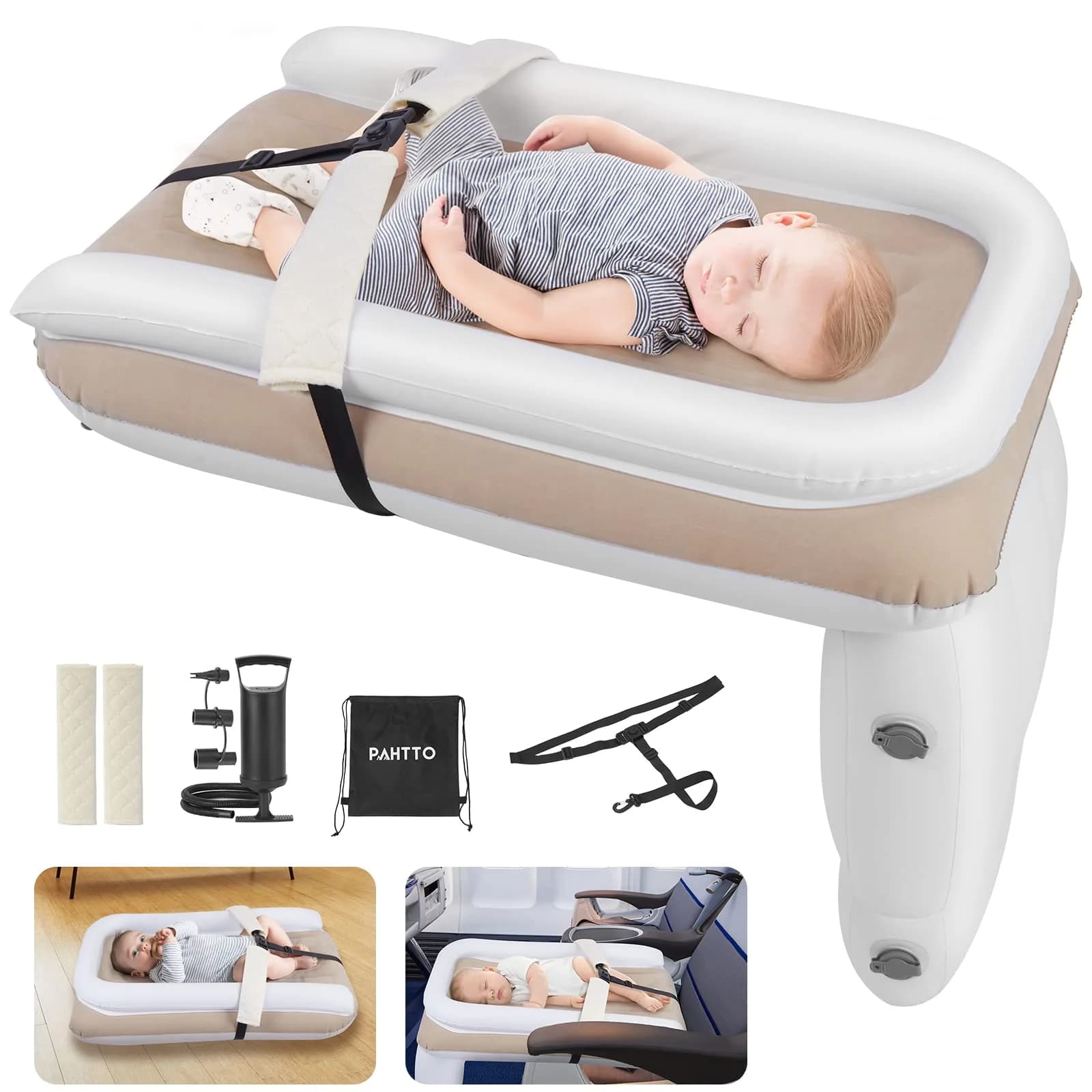 PAHTTO Inflatable Airplane Bed for Kids | Portable Toddler Travel Mattress with Hand Pump — Beige