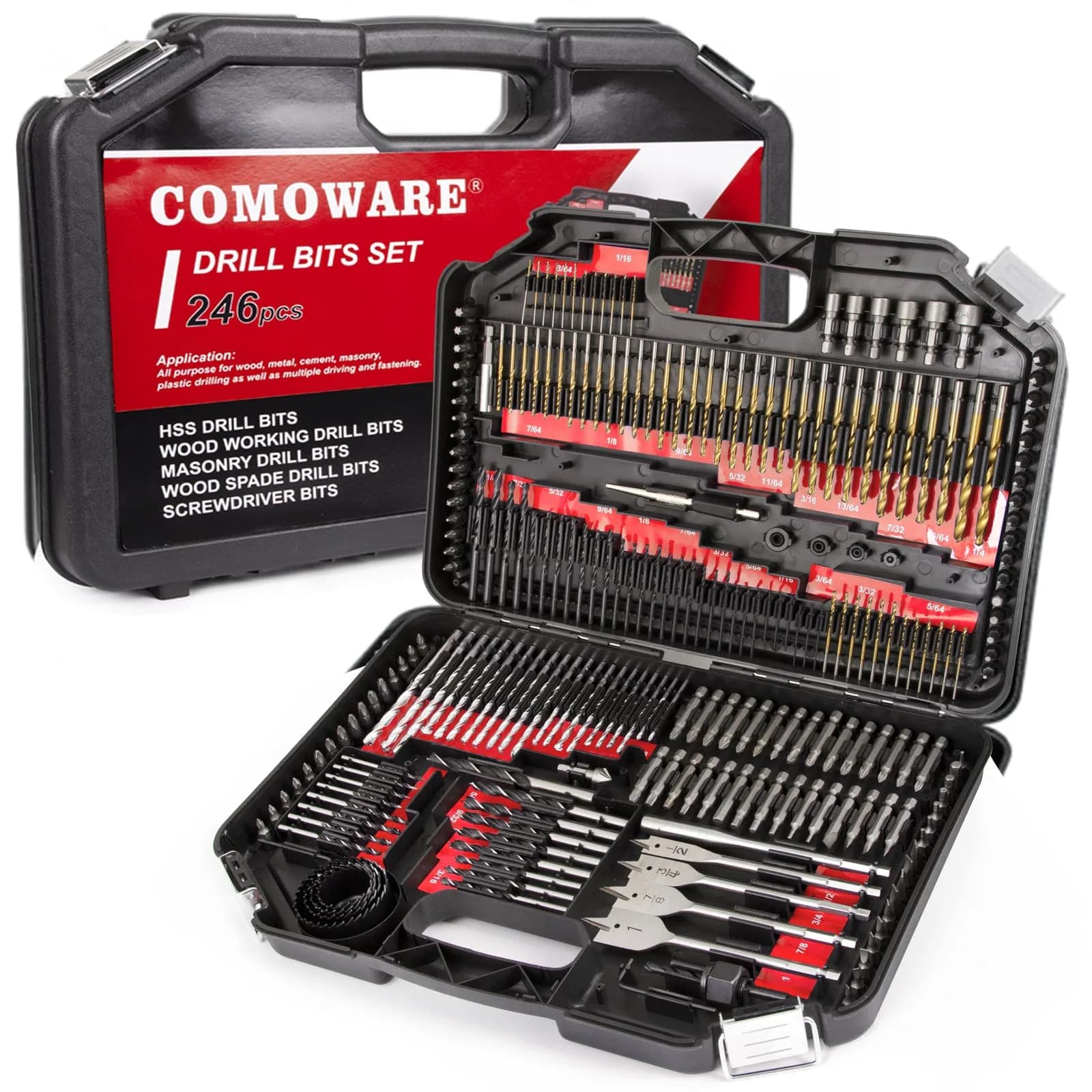 COMOWARE 246 Pcs Drill Bit Set with Case | Wood, Metal, Masonry, Cement & Screwdriver Bits — 246 Pcs-Red